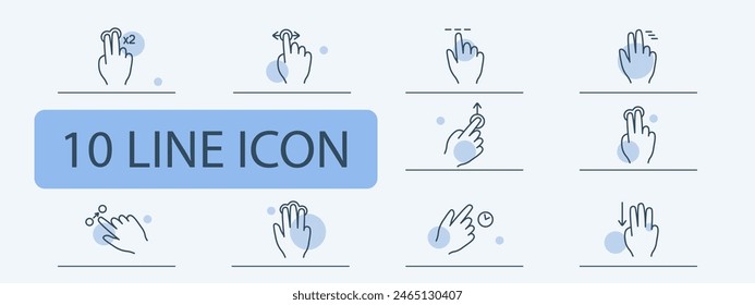 Clicks set icon. Double click, palm, hand, swipe, move object, scroll down with three fingers, hold, move up, pinch with three fingers, hold, delay with three fingers. Gestures concept.