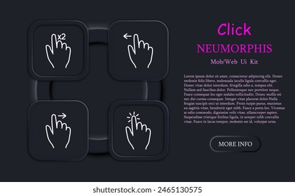 Clicks set icon. Double click, palm, hand, swipe, move object, scroll down with three fingers, hold, move up, pinch with three fingers, hold, neomorphism, delay with three fingers. Gestures concept.