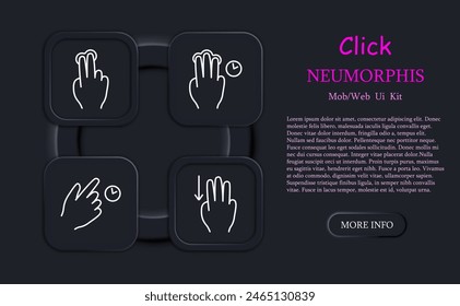 Clicks set icon. Double click, palm, hand, swipe, move object, scroll down with three fingers, hold, move up, pinch with three fingers, hold, neomorphism, delay with three fingers. Gestures concept.