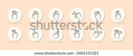 Clicks set icon. Double click, palm, hand, swipe, move object, scroll down with three fingers, hold, move up, pinch with three fingers, hold, delay with three fingers. Gestures concept.