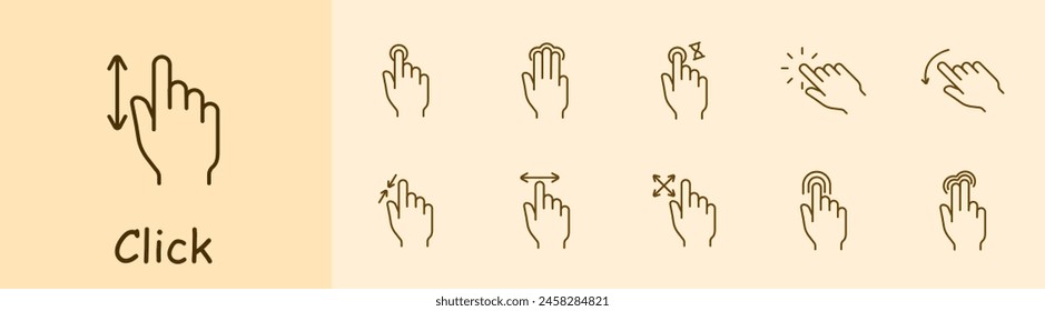 Clicks set icon. Press, double touch, 3D touch, zoom out, zoom in, swipe, shift, rotate, scroll, delay, load, left finger, hand, palm, feed, triple tap. Gestures concept.