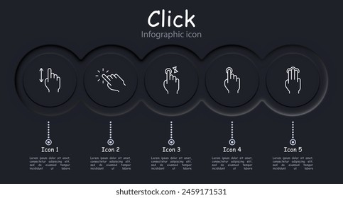 Clicks set icon. Press, double touch, 3D touch, zoom out, zoom in, swipe, shift, rotate, scroll, delay, load, left finger, hand, palm, feed, triple tap, infographic, neomorphism. Gestures concept.