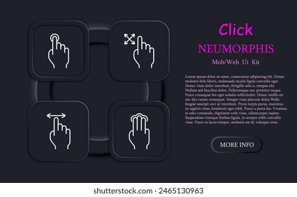 Clicks set icon. Press, double touch, 3D touch, zoom out, zoom in, swipe, shift, rotate, scroll, delay, load, left finger, hand, palm, feed, triple tap, neomorphism. Gestures concept.