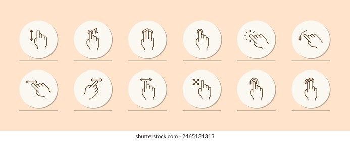 Clicks set icon. Press, double touch, 3D touch, zoom out, zoom in, swipe, shift, rotate, scroll, delay, load, left finger, hand, palm, feed, triple tap. Gestures concept.