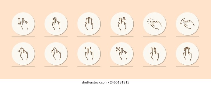 Clicks set icon. Press, double touch, 3D touch, zoom out, zoom in, swipe, shift, rotate, scroll, delay, load, left finger, hand, palm, feed, triple tap. Gestures concept.