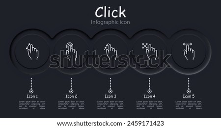 Clicks set icon. Press, double touch, 3D touch, zoom out, zoom in, swipe, shift, rotate, scroll, delay, load, left finger, hand, palm, feed, triple tap, infographic, neomorphism. Gestures concept.