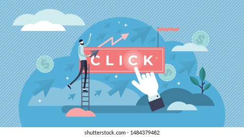 Clicks vector illustration. Flat tiny pay per marketing persons concept. Advertising strategy with website link management service. Abstract PPC method with user drive traffic to websites optimization