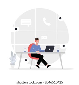 Client assistance, call center, hotline operator, consultant manager. Customer care, man at desk, customer experience concept. Contact us landing page illustration