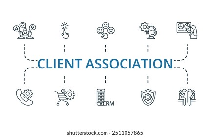 Client Association thin line icon set. Monochrome simple Client Association icon collection. Opinion, Solution, Satisfaction, Service, Presentation, Call Management, Order Management, Mobile Crm