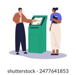 Client at ATM self-service banking machine. Customer, assistant at automated teller machine. Help, assistance with terminal from finance worker. Flat vector illustration isolated on white background