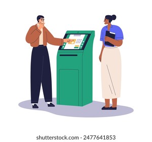 Cliente en la máquina bancaria de autoservicio ATM. Cliente, asistente en el cajero automático. Ayuda, asistencia con terminal de trabajador financiero. Ilustración vectorial plana aislada sobre fondo blanco