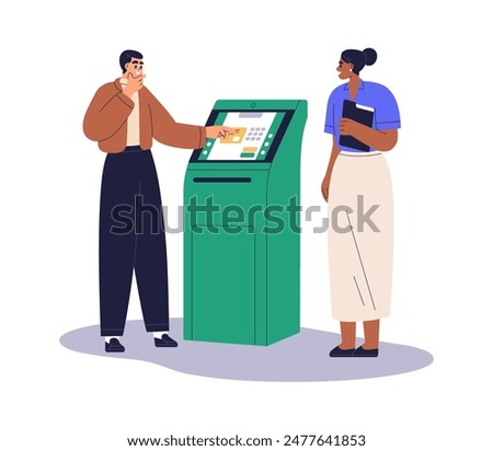 Client at ATM self-service banking machine. Customer, assistant at automated teller machine. Help, assistance with terminal from finance worker. Flat vector illustration isolated on white background