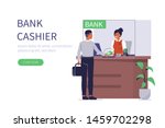Client and bank cashier behind cash department window. Can use for backgrounds, infographics, hero images. Flat style modern vector illustration.