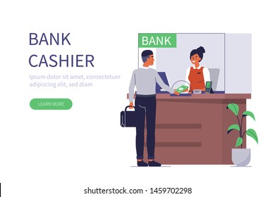 Client and bank cashier behind cash department window. Can use for backgrounds, infographics, hero images. Flat style modern vector illustration.