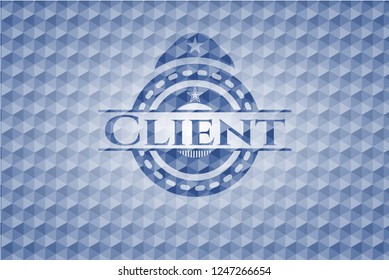 Client blue badge with geometric background.
