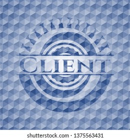 Client blue emblem or badge with abstract geometric pattern background.