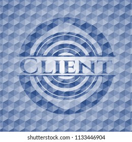 Client blue emblem with geometric background.