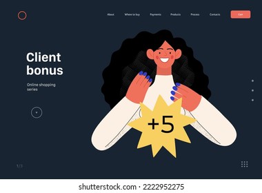 Client bonus - Online shopping and electronic commerce web template - modern flat vector concept illustration of a woman receiving a bonus. Promotion, discounts, sale and online orders concept