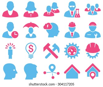 Client and business icon set. These flat bicolor icons use pink and blue colors. Images are isolated on a white background. Angles are rounded.