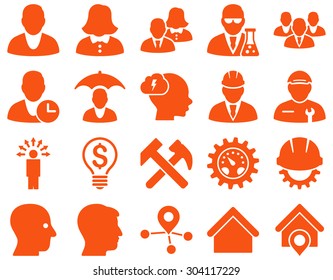 Client and business icon set. These flat icons use orange color. Images are isolated on a white background. Angles are rounded.