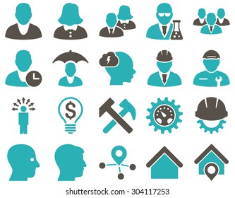 Client and business icon set. These flat bicolor icons use grey and cyan colors. Images are isolated on a white background. Angles are rounded.