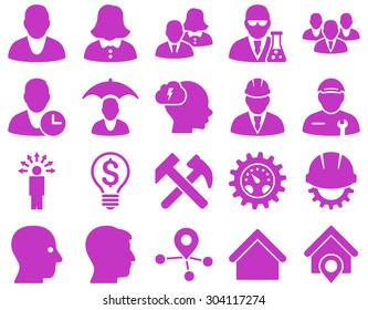 Client and business icon set. These flat icons use violet color. Images are isolated on a white background. Angles are rounded.