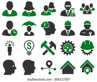Client and business icon set. These flat bicolor icons use green and gray colors. Images are isolated on a white background. Angles are rounded.