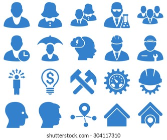 Client and business icon set. These flat icons use cobalt color. Images are isolated on a white background. Angles are rounded.
