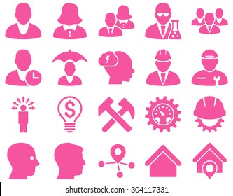 Client and business icon set. These flat icons use pink color. Images are isolated on a white background. Angles are rounded.