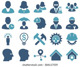 Client and business icon set. These flat bicolor icons use cyan and blue colors. Images are isolated on a white background. Angles are rounded.