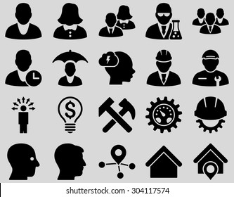 Client and business icon set. These flat icons use black color. Images are isolated on a light gray background. Angles are rounded.