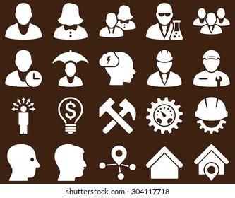 Client and business icon set. These flat icons use white color. Images are isolated on a brown background. Angles are rounded.