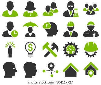 Client and business icon set. These flat bicolor icons use eco green and gray colors. Images are isolated on a white background. Angles are rounded.