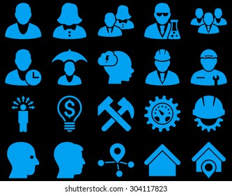 Client and business icon set. These flat icons use blue color. Images are isolated on a black background. Angles are rounded.