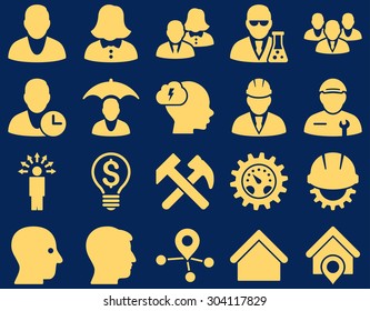 Client and business icon set. These flat icons use yellow color. Images are isolated on a blue background. Angles are rounded.