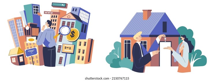 Client buying apartment or house from broker or real estate agent. Person choosing place to live or purchase. Investment paying and taking key. Agreement with lawyer and buyer. Vector in flat style