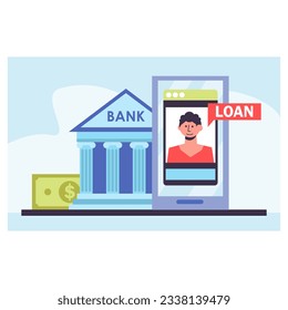 Client calling to bank via smartphone, talking about loan. Concept of credit and loan finance in bank. Easy instant credit concept. Flat vector illustration in blue colors in cartoon style