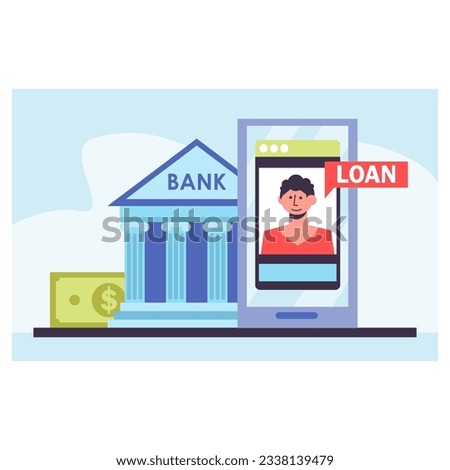 Client calling to bank via smartphone, talking about loan. Concept of credit and loan finance in bank. Easy instant credit concept. Flat vector illustration in blue colors in cartoon style