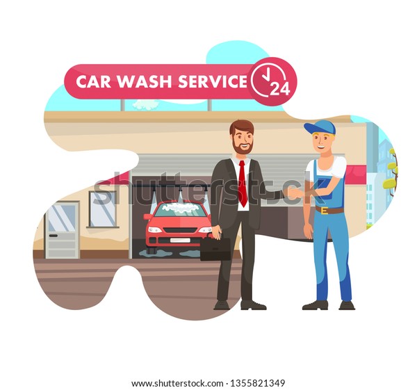 Client in Car Wash Service Isolated Illustration.\
Auto Detailing. Happy Businessman Shaking Hand to Mechanic, Cartoon\
Characters. Automobile Cleaning. 24 Hours Open Carwash, Workshop\
Design Element