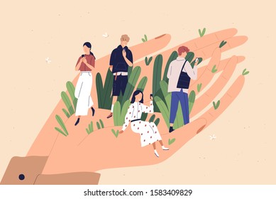 Client care, convenient service flat vector illustration. Application user advantages, customer privileges, buyer liberties concept. People with smartphones on human hand cartoon characters.