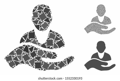 Client care hand composition of tremulant pieces in variable sizes and color tints, based on client care hand icon. Vector trembly items are composed into collage.