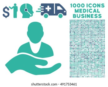 Client Care Hand icon with 1000 medical business cobalt and cyan vector pictograms. Clipart style is flat bicolor symbols, white background.