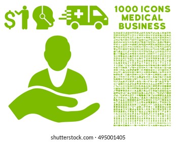 Client Care Hand icon with 1000 medical commercial eco green vector pictographs. Set style is flat symbols, white background.