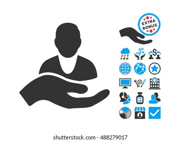 Client Care Hand icon with bonus design elements. Vector illustration style is flat iconic bicolor symbols, blue and gray colors, white background.