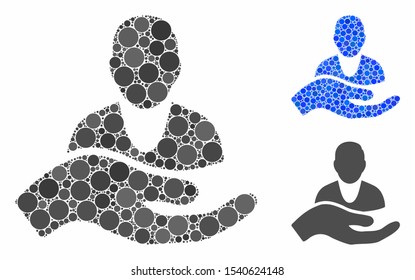 Client care hand mosaic of round dots in various sizes and color tones, based on client care hand icon. Vector round dots are grouped into blue composition.