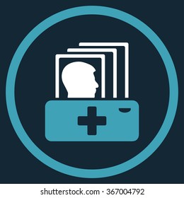 Client Catalog vector icon. Style is bicolor flat circled symbol, blue and white colors, rounded angles, dark blue background.