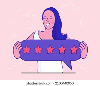 Client choose satisfaction rating and leave positive product or service review. Woman hold stars or give five star feedback. Customers evaluating a product, service. Vector outline Illustration.
