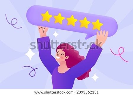 Client choose satisfaction rating and leave positive product or service review. Woman hold stars or give five star feedback. Customers evaluating a product, service. Vector Illustration.