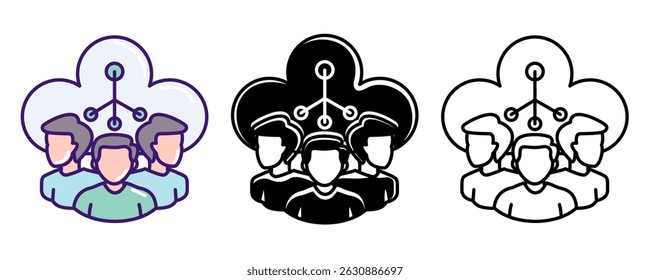Client Communication icon represented by cloud, some people Line, Filled, Color style.