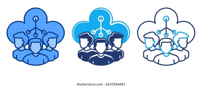Client Communication icon represented by cloud, some people Blue, Dualline, Dualtone style.